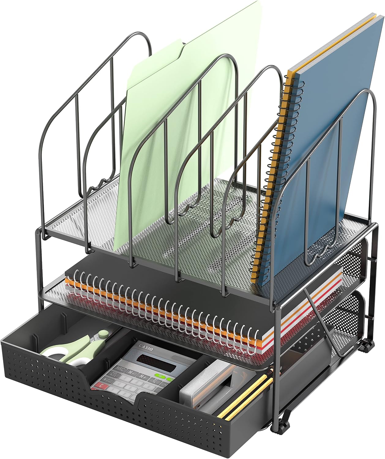 Mesh Desk Organizer with Double Tray, 5 Upright Sections and Sliding Drawer, Black | Sliding Drawer with Adjustable Dividers, Black - view 4