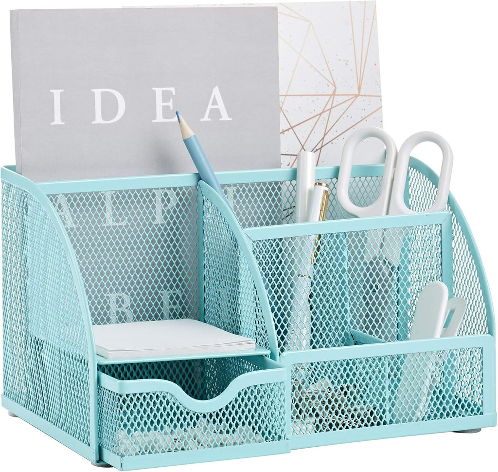 Mesh Desk Organizer Office with 7 Compartments + Drawer/Desk Tidy Candy/Pen Holder/Multifunctional Organizer (New Blue23) - view 8