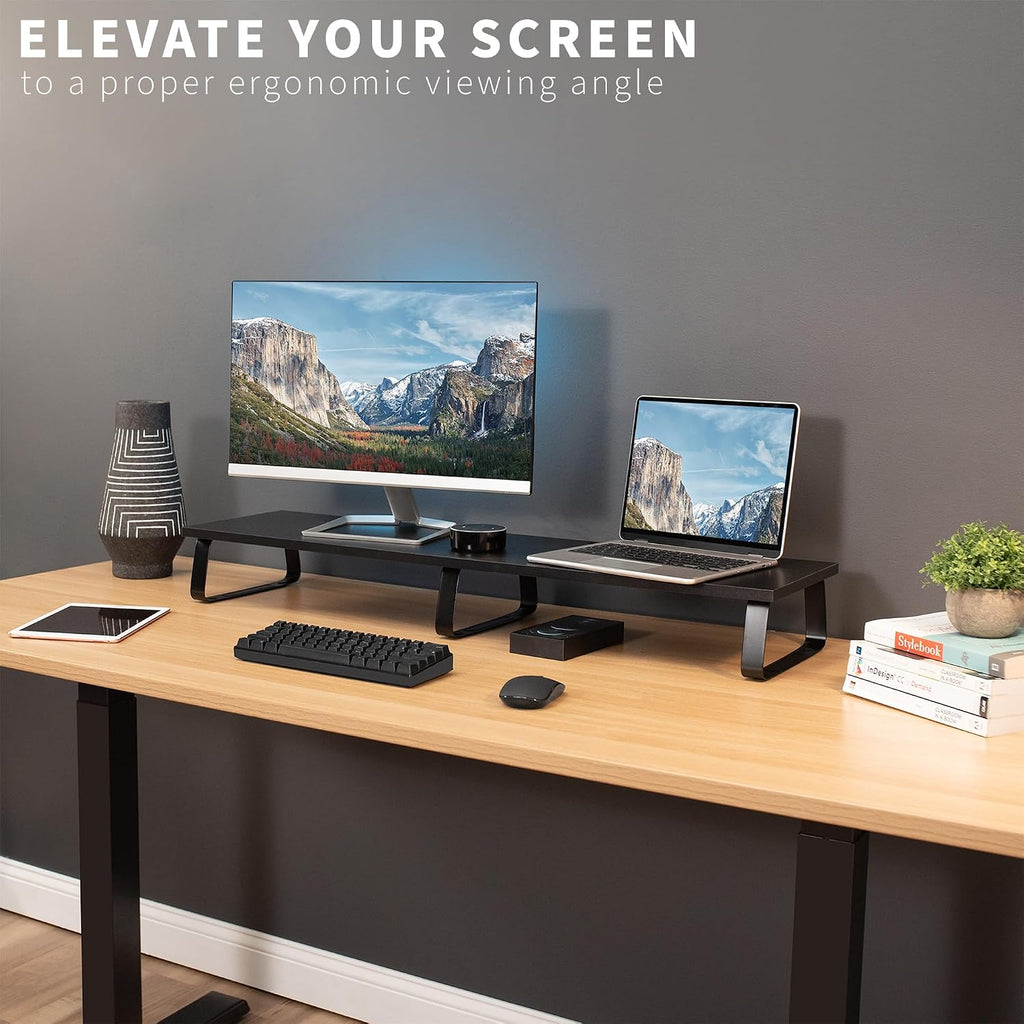 39 inch Extra Long Monitor Stand, Wood & Steel Desktop Riser, Dual Screen, TV, Keyboard, Laptop, Ergonomic Desk and Tabletop Organizer, Black, STAND-V000DL - view 6