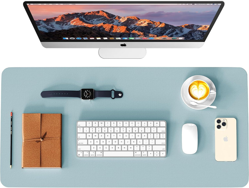 Leather desk pad protector, waterproof mouse pad, PU desk mat, office desk cover, desk writing mat for office/home/work/cubicle (light blue/silver) 31.5x15.7 in