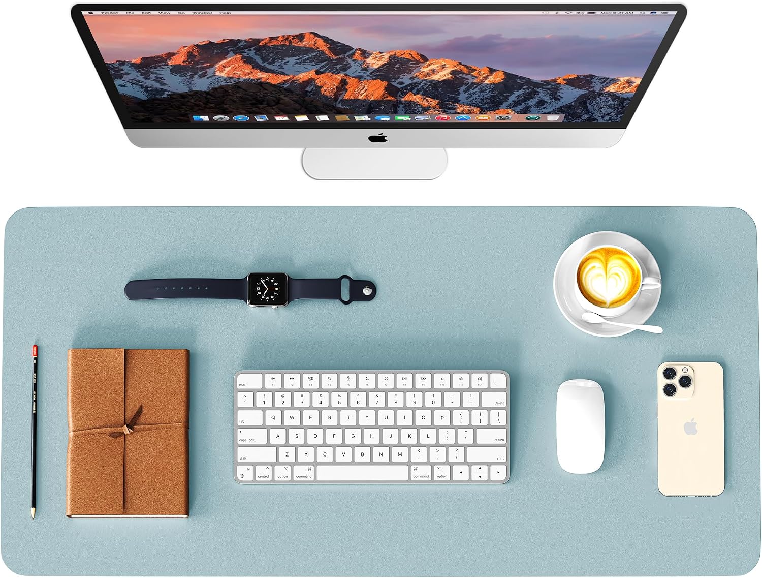 Leather desk pad protector, waterproof mouse pad, PU desk mat, office desk cover, desk writing mat for office/home/work/cubicle (light blue/silver) 31.5x15.7 in