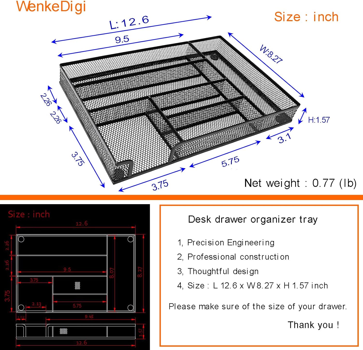Metal Mesh Desk Drawer Organizer Tray, 6-Compartment Office Drawer Organizer for Pens Supplies, 12.6"x8.27"x1.57" Black - view 3