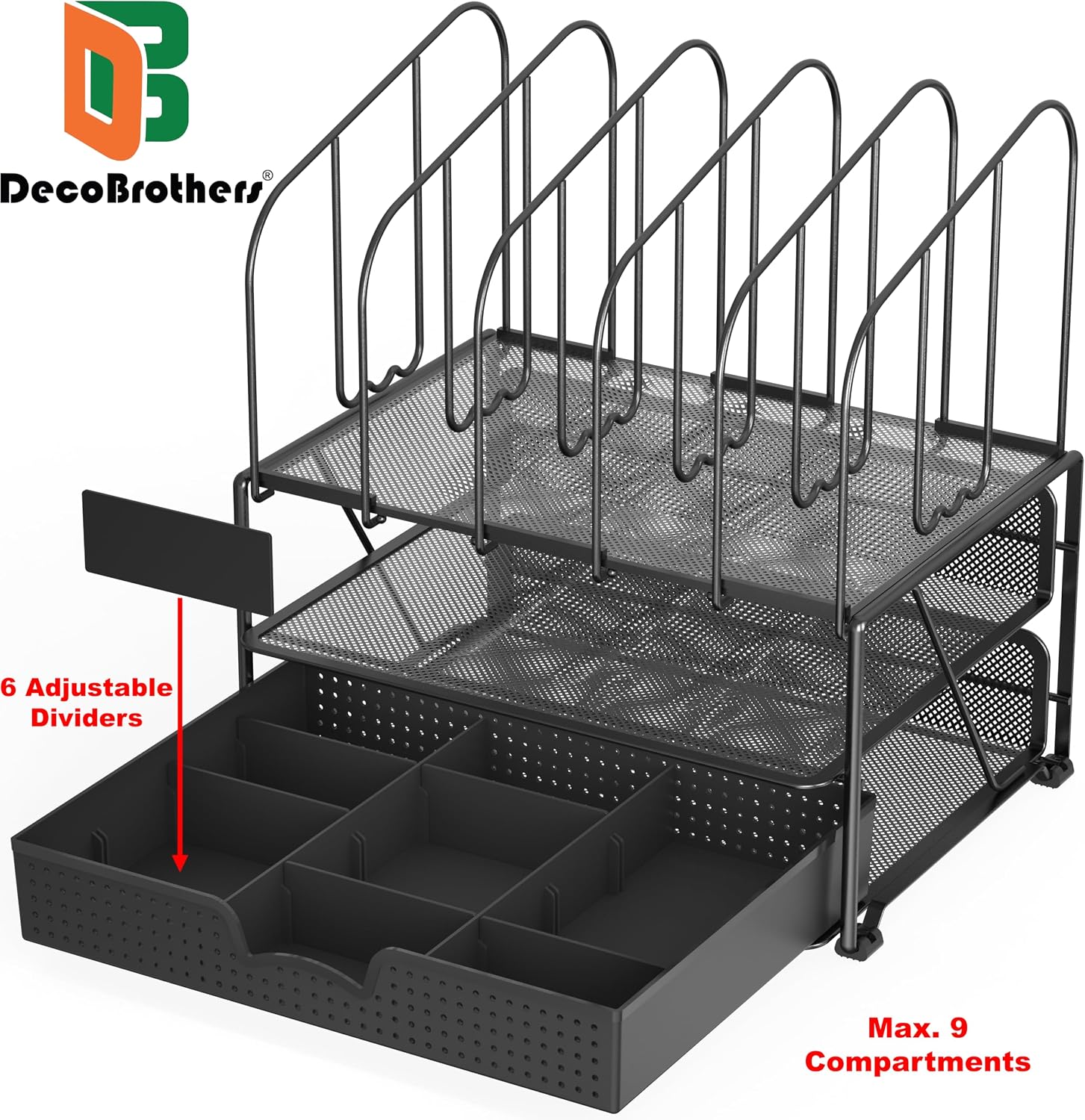Mesh Desk Organizer with Double Tray, 5 Upright Sections and Sliding Drawer, Black | Sliding Drawer with Adjustable Dividers, Black - view 2