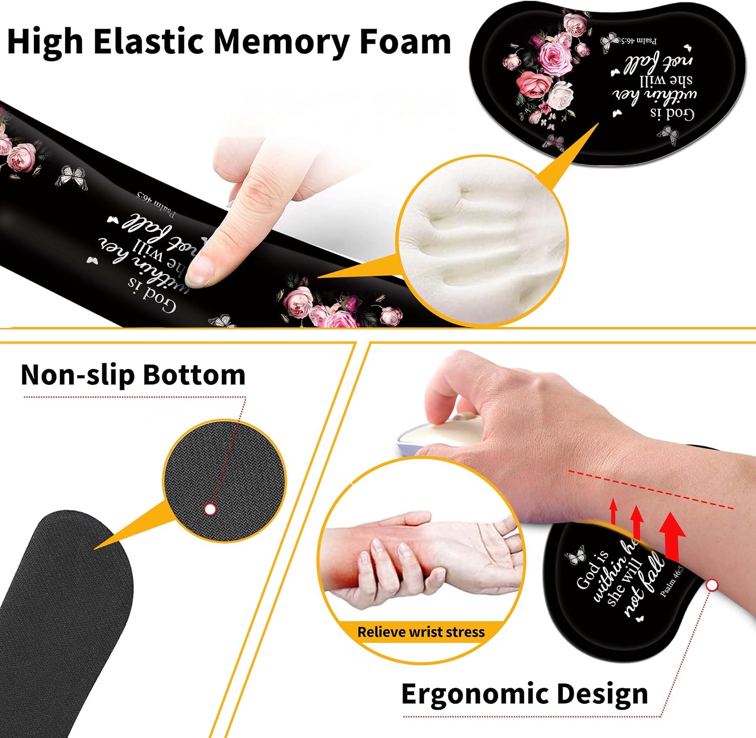 Large gaming mouse pad set 35.4 x 15.7 with keyboard wrist rest, wrist support, and coaster memory foam smooth desk pad mousepad for home office school - floral bible - view 6