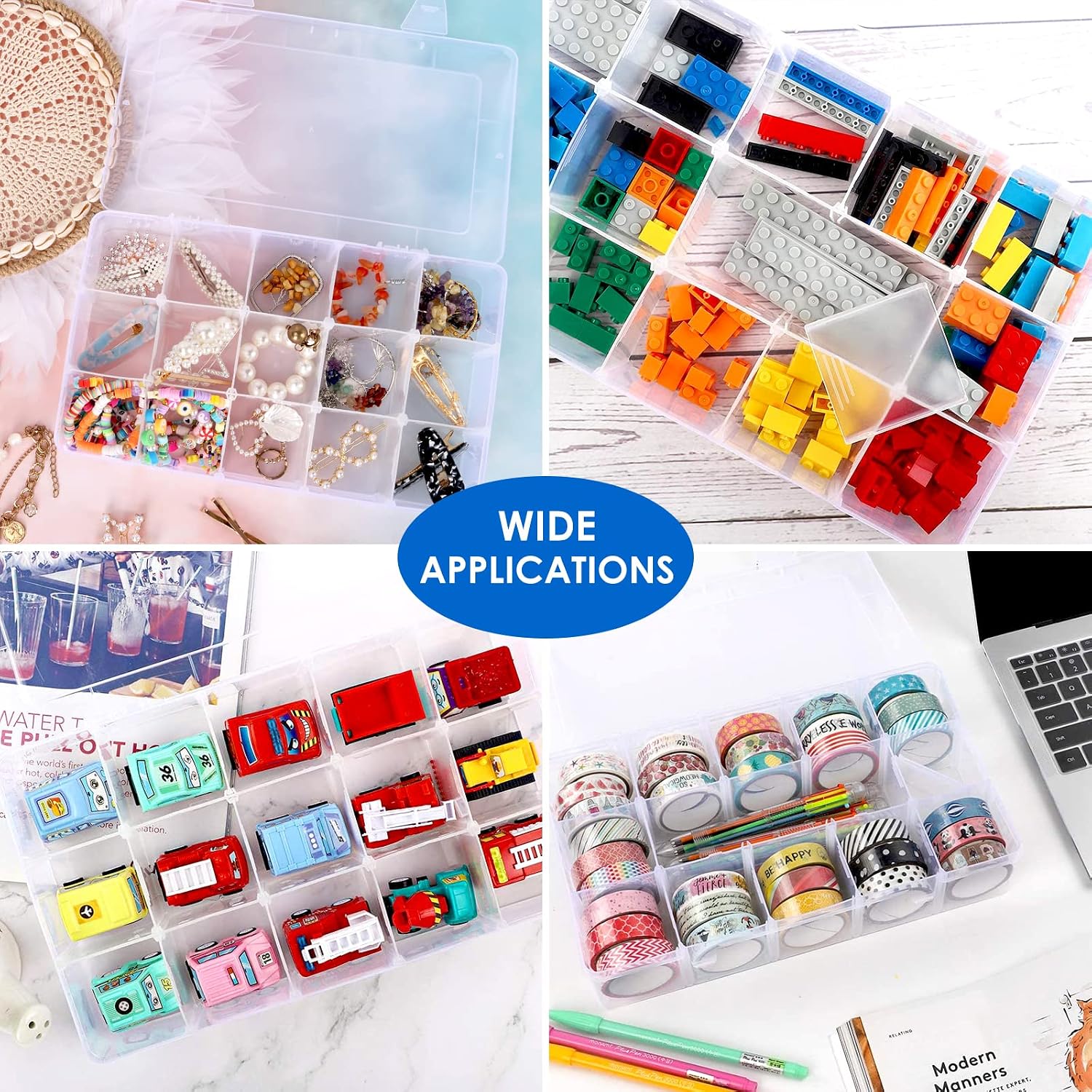 Bead organizer storage 2 pack 15 grid clear plastic tackle box adjustable | clear plastic, adjustable dividers, label stickers included, for beads crafts jewelry fishing tackle and small parts - view 4