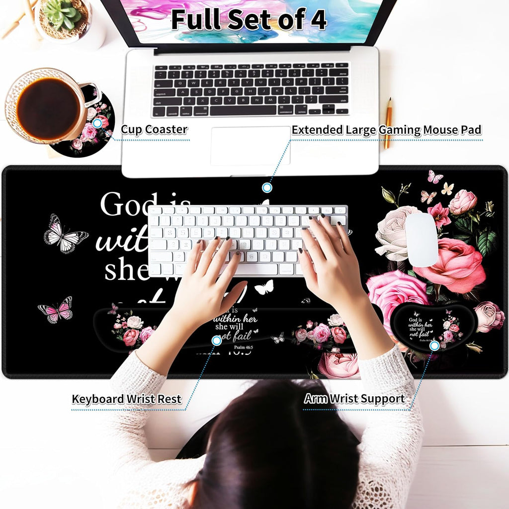 Large gaming mouse pad set 35.4 x 15.7 with keyboard wrist rest, wrist support, and coaster memory foam smooth desk pad mousepad for home office school - floral bible - view 3