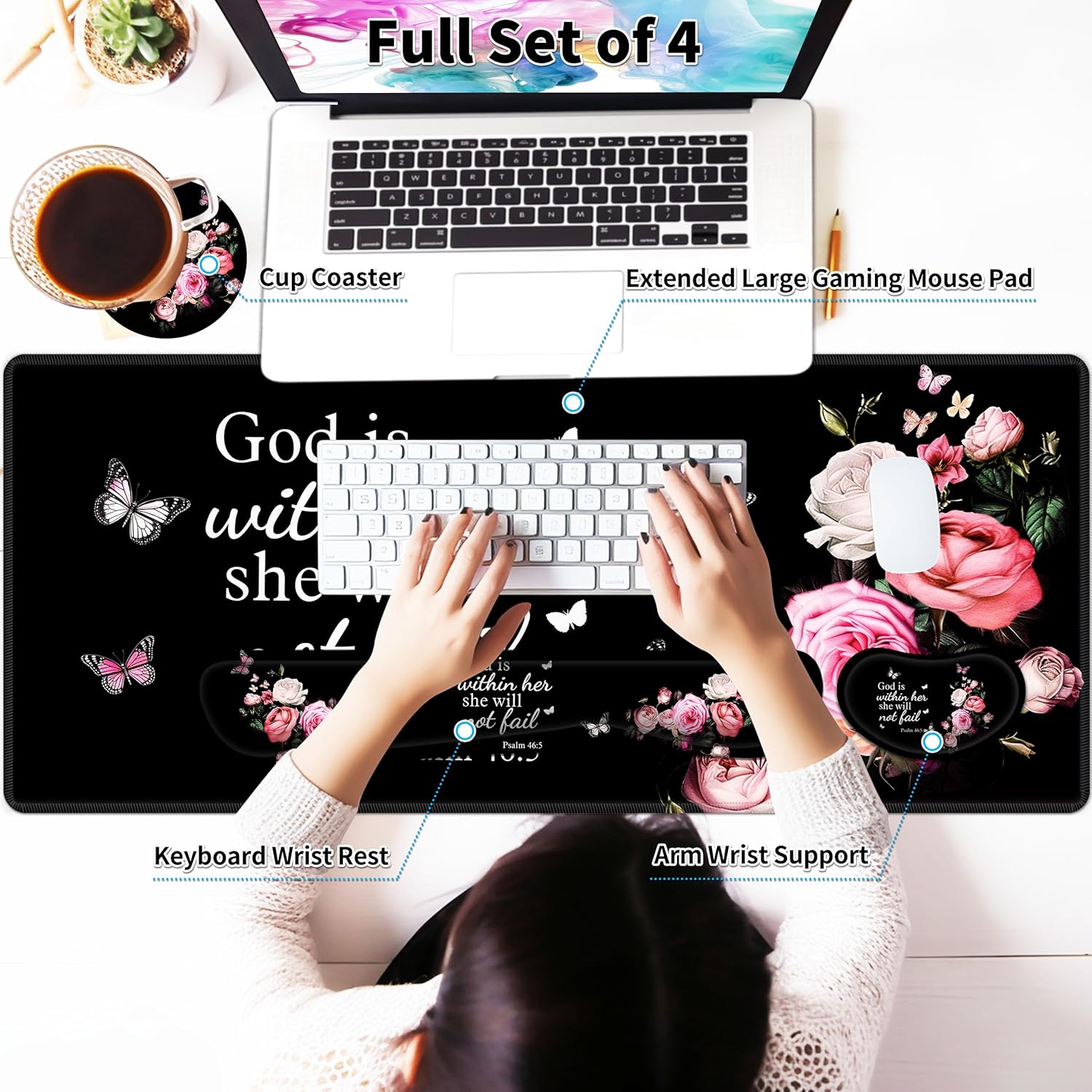 Large gaming mouse pad set 35.4 x 15.7 with keyboard wrist rest, wrist support, and coaster memory foam smooth desk pad mousepad for home office school - floral bible - view 3