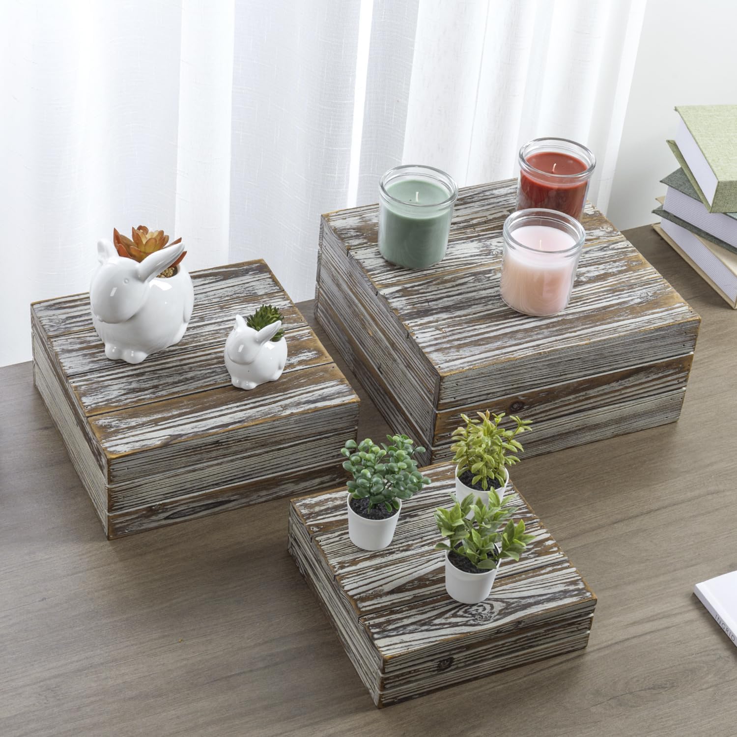3 Piece Rustic Solid Torched Wood Dessert Cake and Cupcake Stand, Decorative Box Display Risers