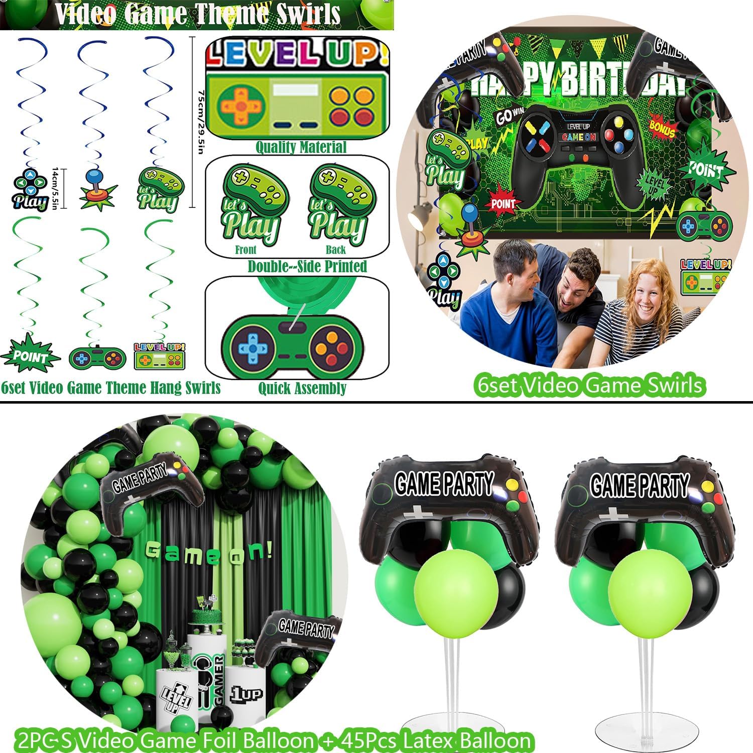 77Pcs Gamer Video Game Birthday Party Decorations Kit for Kids & Boys | Includes backdrop, swirls, table cover, cake toppers & controller balloons. All-in-one easy setup decor for game night. - view 8