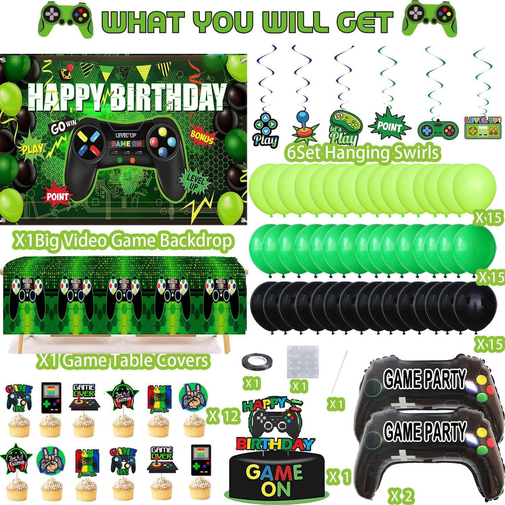 77Pcs Gamer Video Game Birthday Party Decorations Kit for Kids & Boys | Includes backdrop, swirls, table cover, cake toppers & controller balloons. All-in-one easy setup decor for game night. - view 2