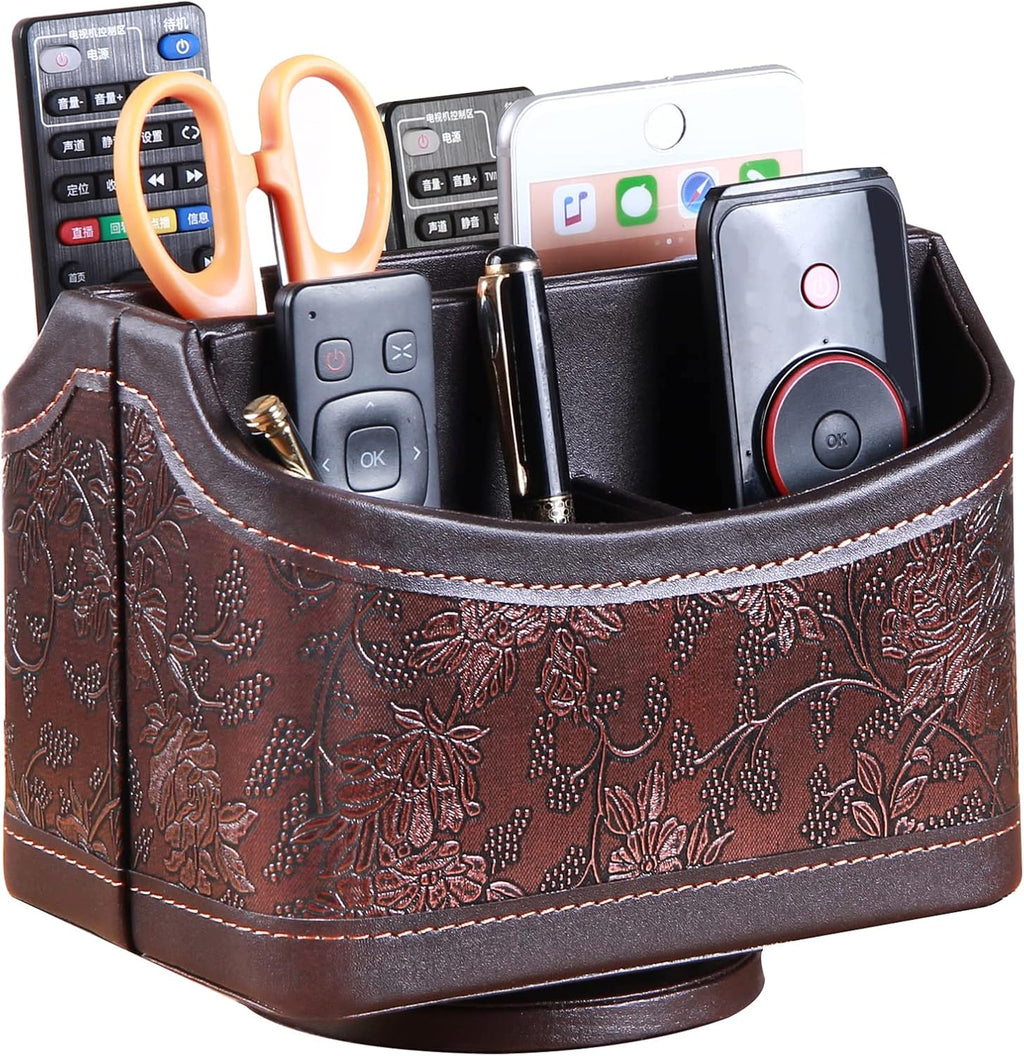 PU leather 360° rotatable remote control holder, nightstand TV remote caddy | office supplies desktop organizer, spinning storage box for pen, mail, phone, DVD, Blu-Ray, media player, heater controllers
