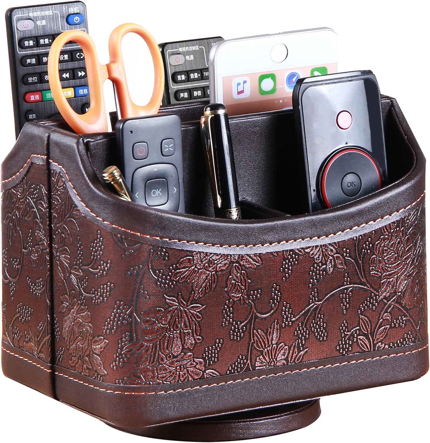 PU leather 360° rotatable remote control holder, nightstand TV remote caddy | office supplies desktop organizer, spinning storage box for pen, mail, phone, DVD, Blu-Ray, media player, heater controllers