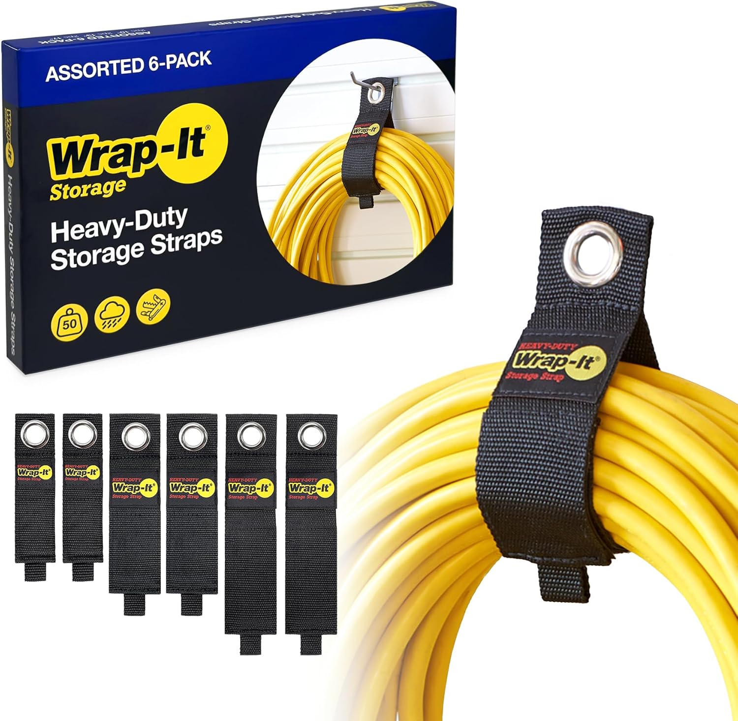 Heavy-Duty Straps - Assorted 6-Pack | Garage Storage Extension Cord Organizer Cable Straps and Yard Cord Storage for Hose Organizer, Tools, RV Accessories