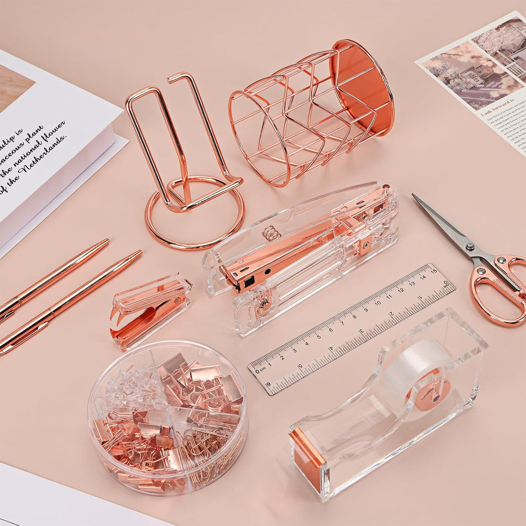 Rose Gold Desk Accessories, Office Supplies and Accessories Set, Acrylic Stapler Set, Staple Remover, Phone Holder, Pen Holder, Scissor, Ruler, Transparent Tape - view 7