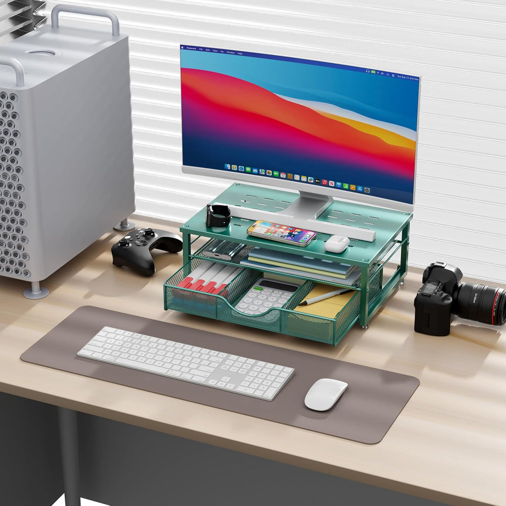 Computer Monitor Stand Riser with Drawer | Desk Organizers and Accessories Desk Accessories & Workspace Desktop Organizers Storage for Printer Stand (Dark Green) - view 2
