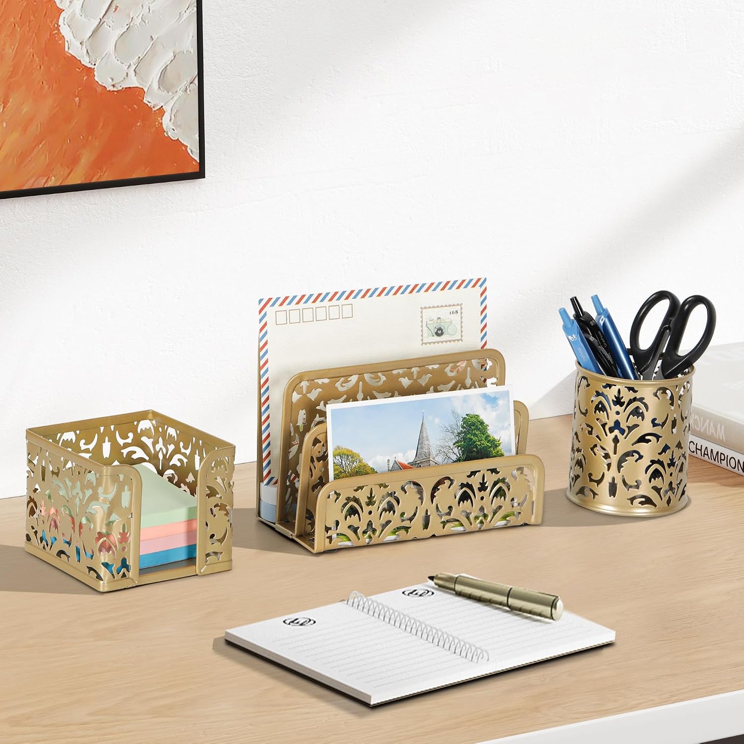 Desk Organizers and Accessories 3 Pieces Office Organizer Set - Pen Holder for Desk, Mail Sorter Countertop and Sticky Note Holder, Gold - view 6