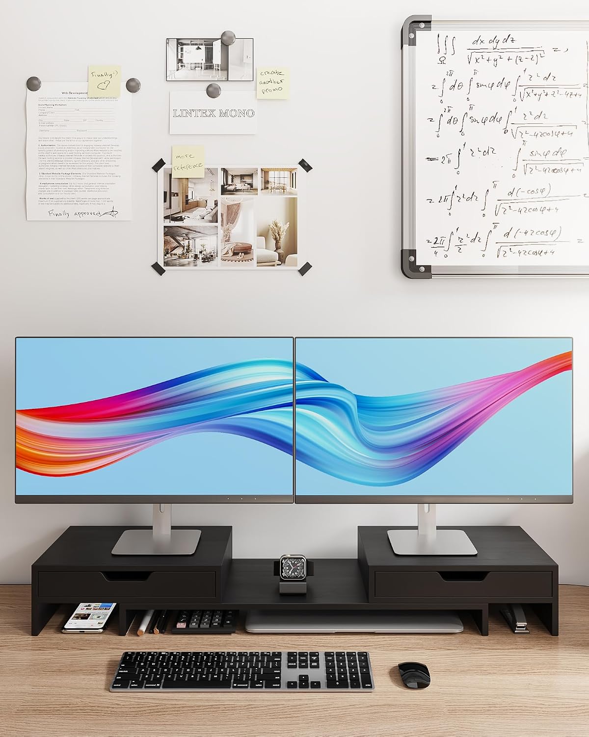Dual Monitor Riser with Two Drawer for Desk, No Assembly Required | Premium Bamboo Dual Monitor Stand with Storage, Desk Monitor Shelf for Computer, IMac & Laptop, Desk Organizer, Black - view 7