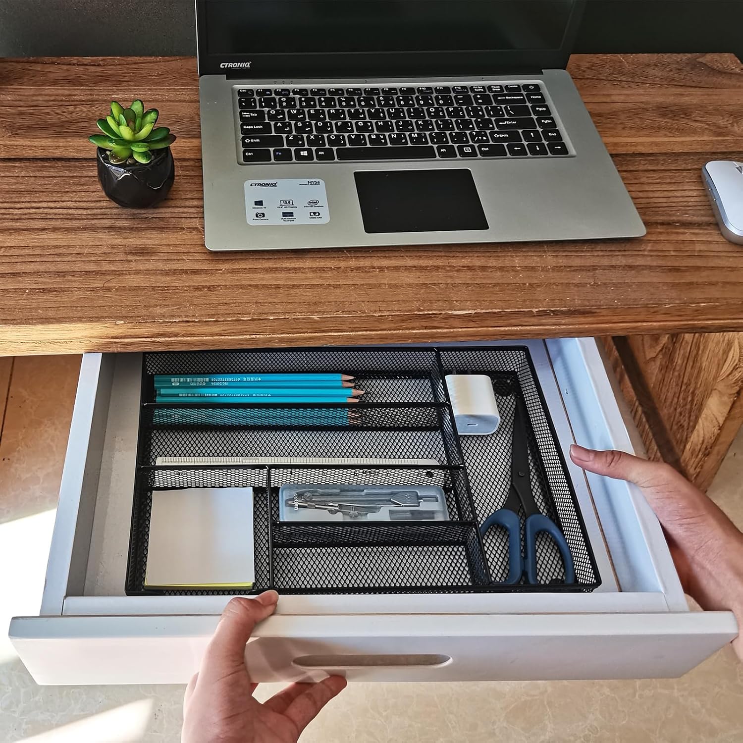 Metal Mesh Desk Drawer Organizer Tray, 6-Compartment Office Drawer Organizer for Pens Supplies, 12.6"x8.27"x1.57" Black - view 6