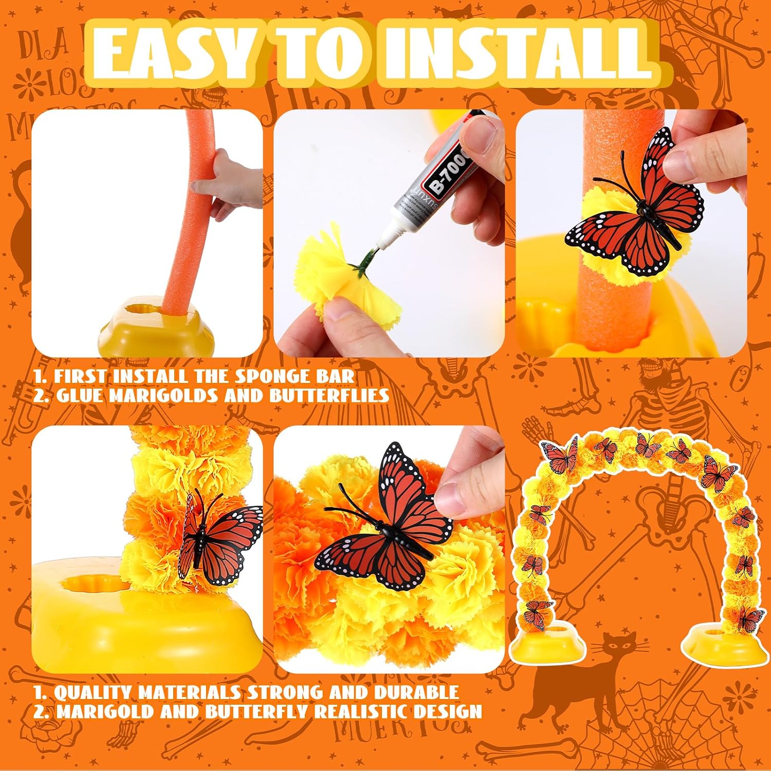 80 Silk Marigold Flowers Arch Kit, 40 Inch with 12 Butterfly | Day of the Dead Altar Decor, Artificial Flower Heads for Dia De Los Muertos Diwali, Orange Marigold Blooms, Table Setup - view 3