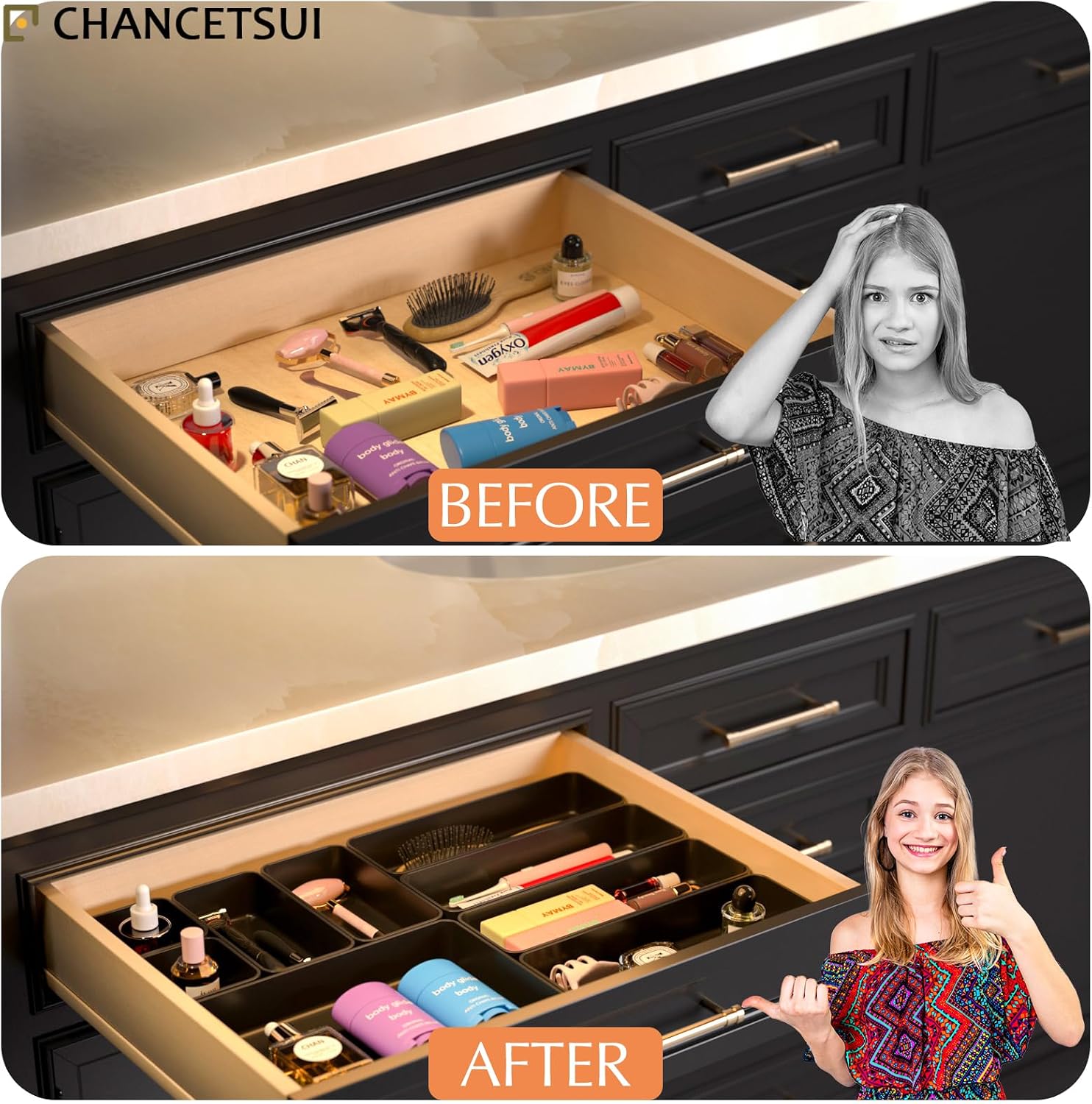 Black Bathroom Drawer Organizer Trays: 9 PC Stackable Desk Organizers Bin | vanity office kitchen modern shallow containers modular storage - view 6
