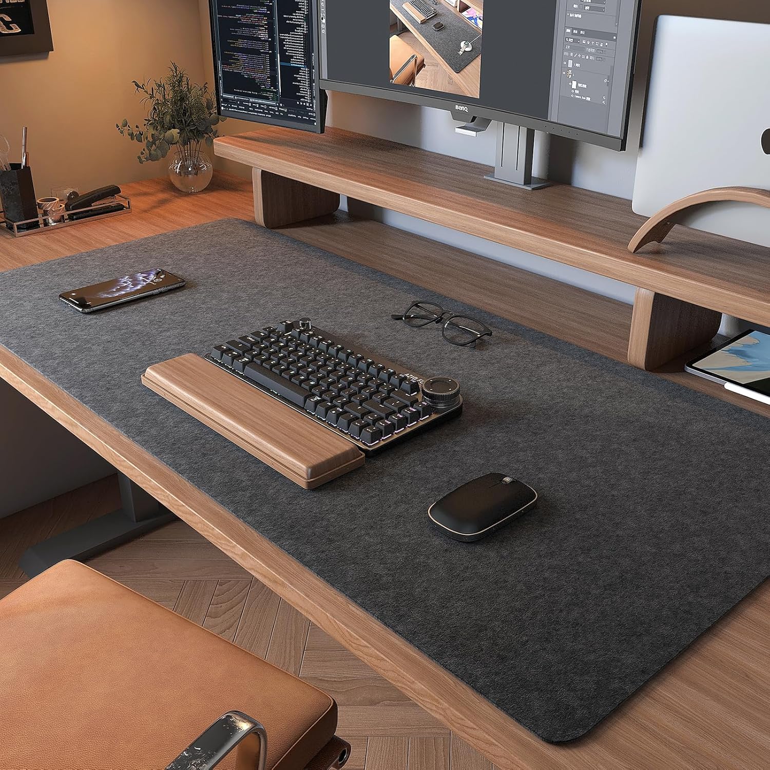 Non-Slip Felt Desk Mat,36 x 16 Inches Large Desk Pad Protector | Office Computer Desk Mat for Full Keyboard and Mouse Pad,Dark Grey - view 2