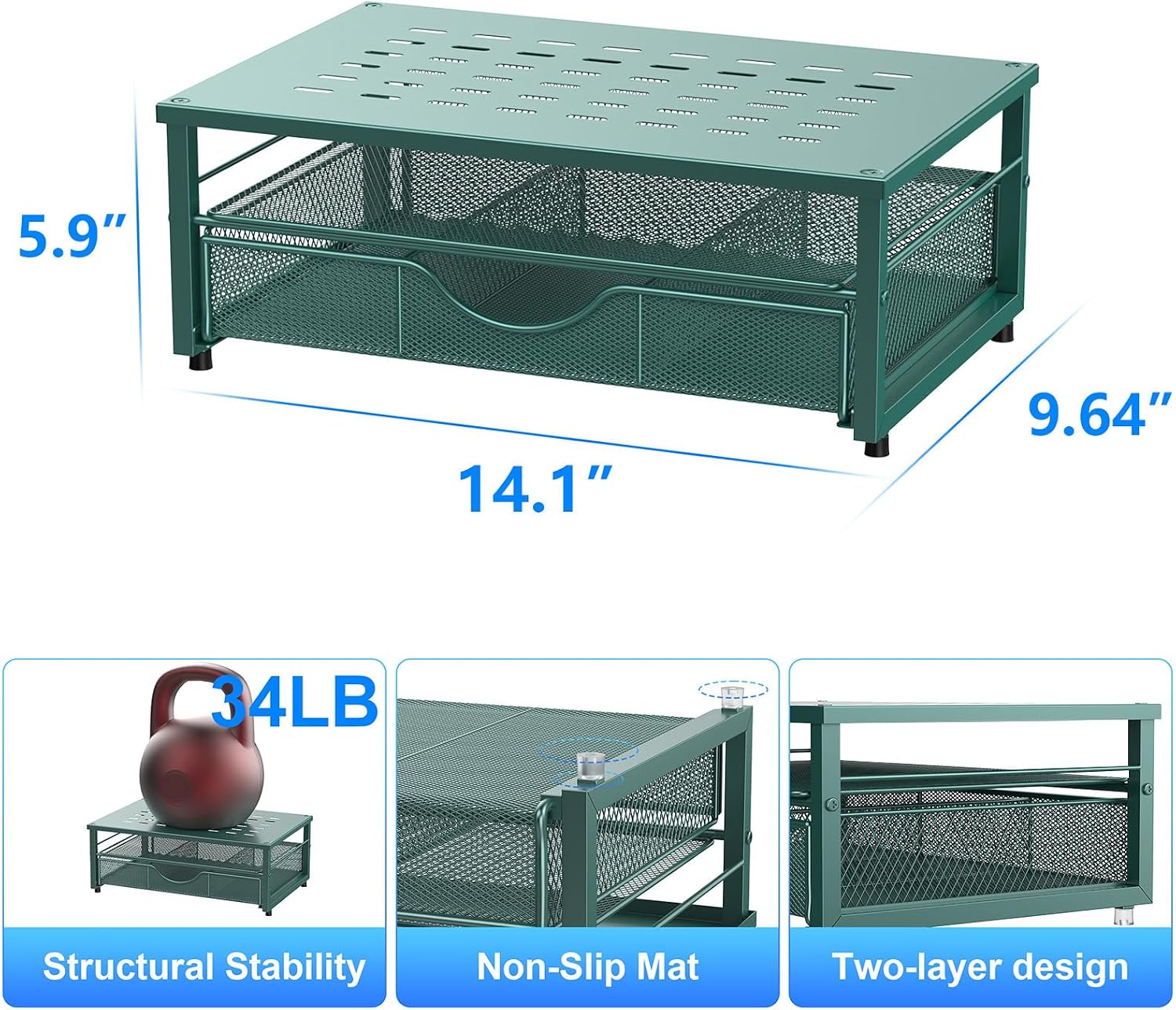 Computer Monitor Stand Riser with Drawer | Desk Organizers and Accessories Desk Accessories & Workspace Desktop Organizers Storage for Printer Stand (Dark Green) - view 5