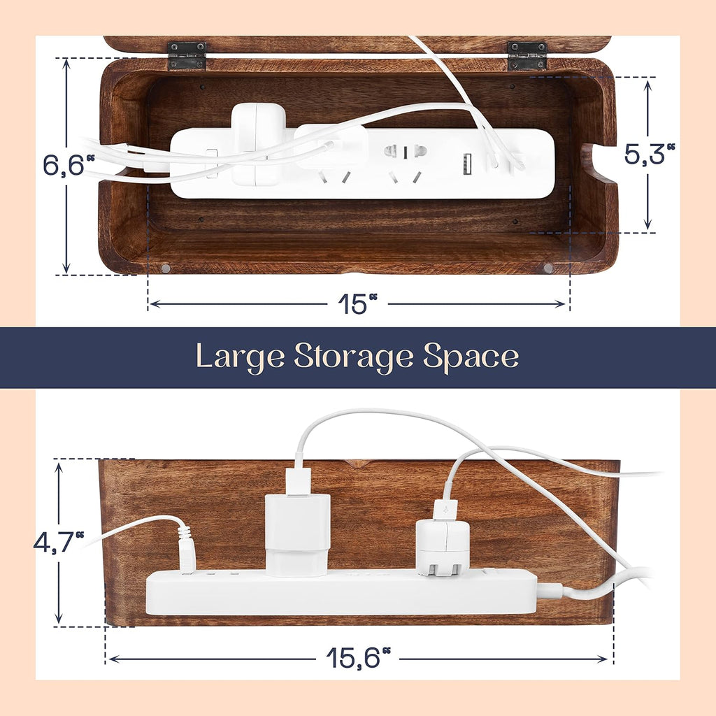 Cable management box - rustic design (natural, large) | mango wood, cable organizer, rustic style, modern design, desktop storage - view 2