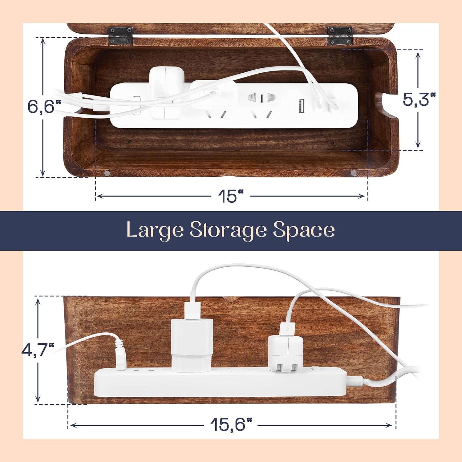 Cable management box - rustic design (natural, large) | mango wood, cable organizer, rustic style, modern design, desktop storage - view 2