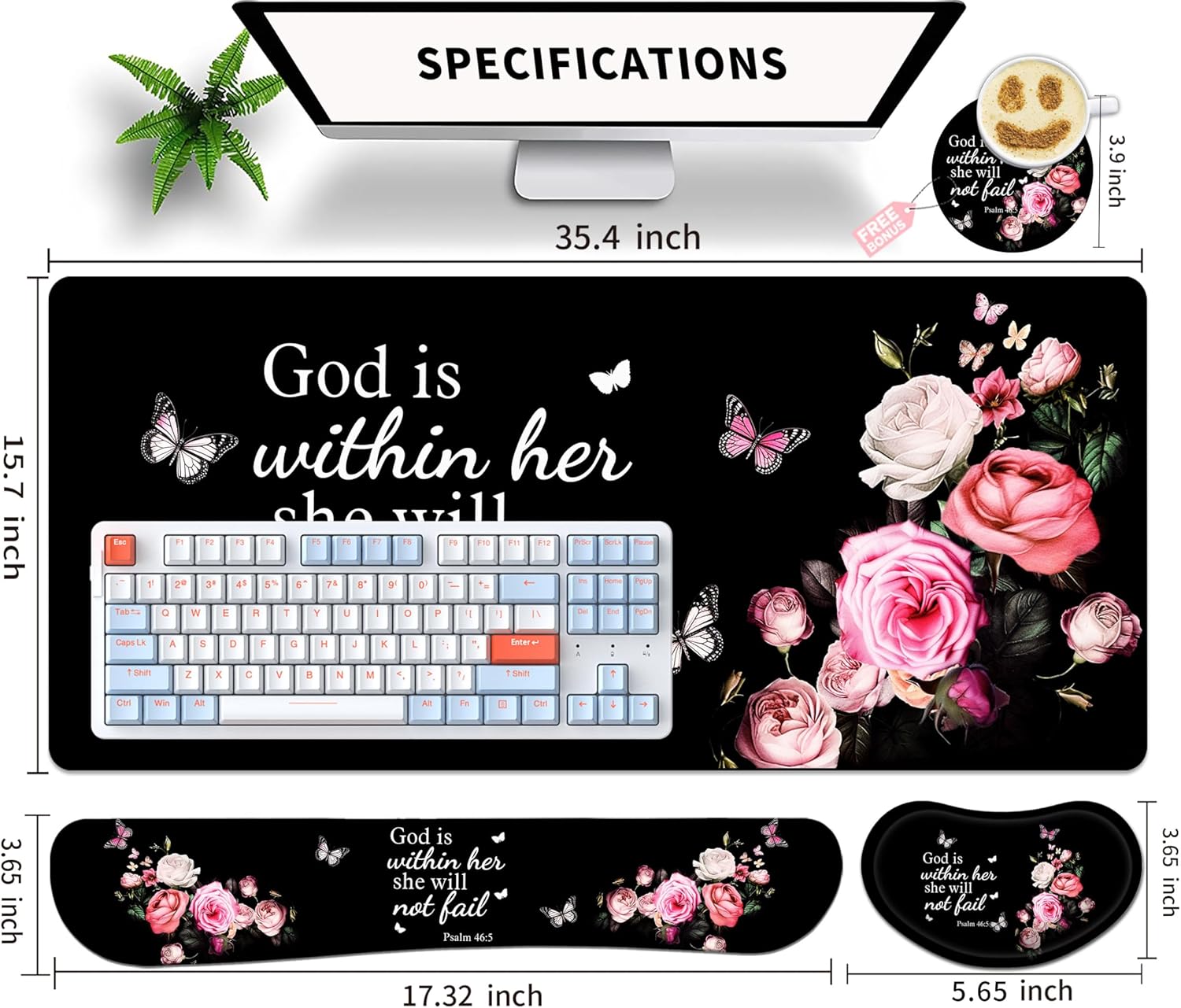 Large gaming mouse pad set 35.4 x 15.7 with keyboard wrist rest, wrist support, and coaster memory foam smooth desk pad mousepad for home office school - floral bible - view 5