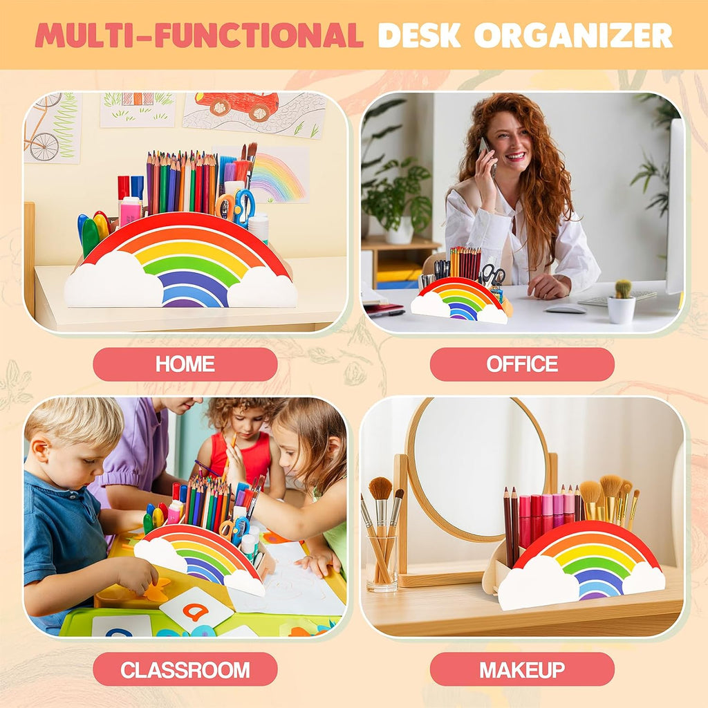 Rainbow Wooden Desk Organizer Natural Wood No Smell Childfriendly Cute Pen Pencil Holder Caddy for Office Supplies Classroom for Art Supply Makeup Brush Storage for Kids Present - view 5