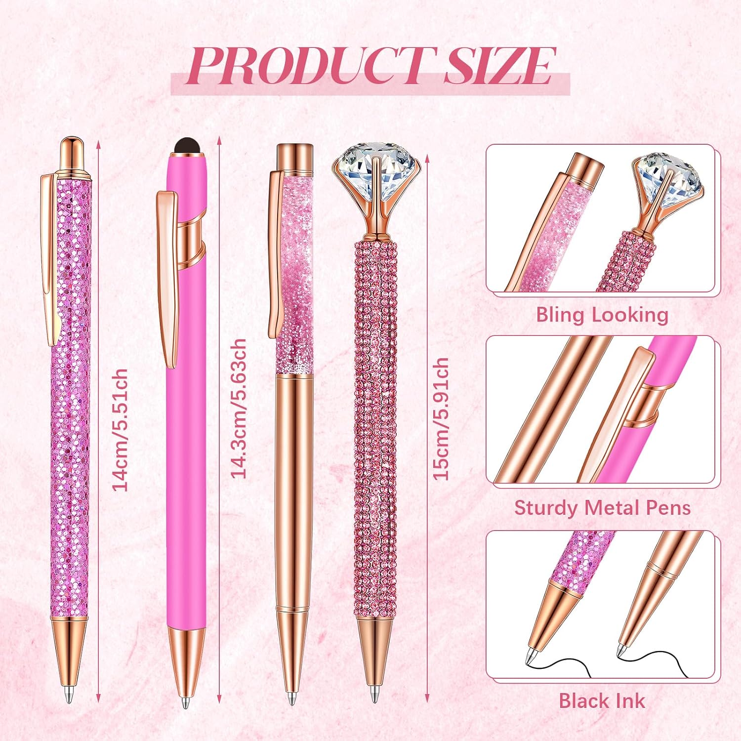 8 Pcs Shiny Pink Pens with Pen Holder for Desk Glitter Crystal Diamond Cute Ballpoint Fancy Pencil Holder Bling Desk Organizer for Women Girls School Office Supplies Wedding Graduation Gifts - view 2