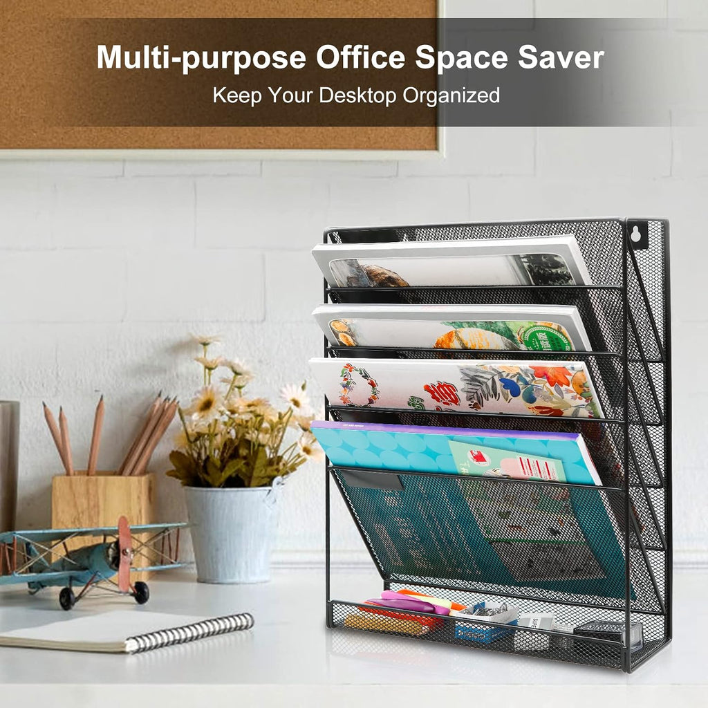 5 Tier Wall File Holder, Mesh Hanging Folder Organizer with Classify Label, Versatile Desk File Holder, Vertical Wall Mounted Mail Organizer for Office Home Cubicle, Black - view 6