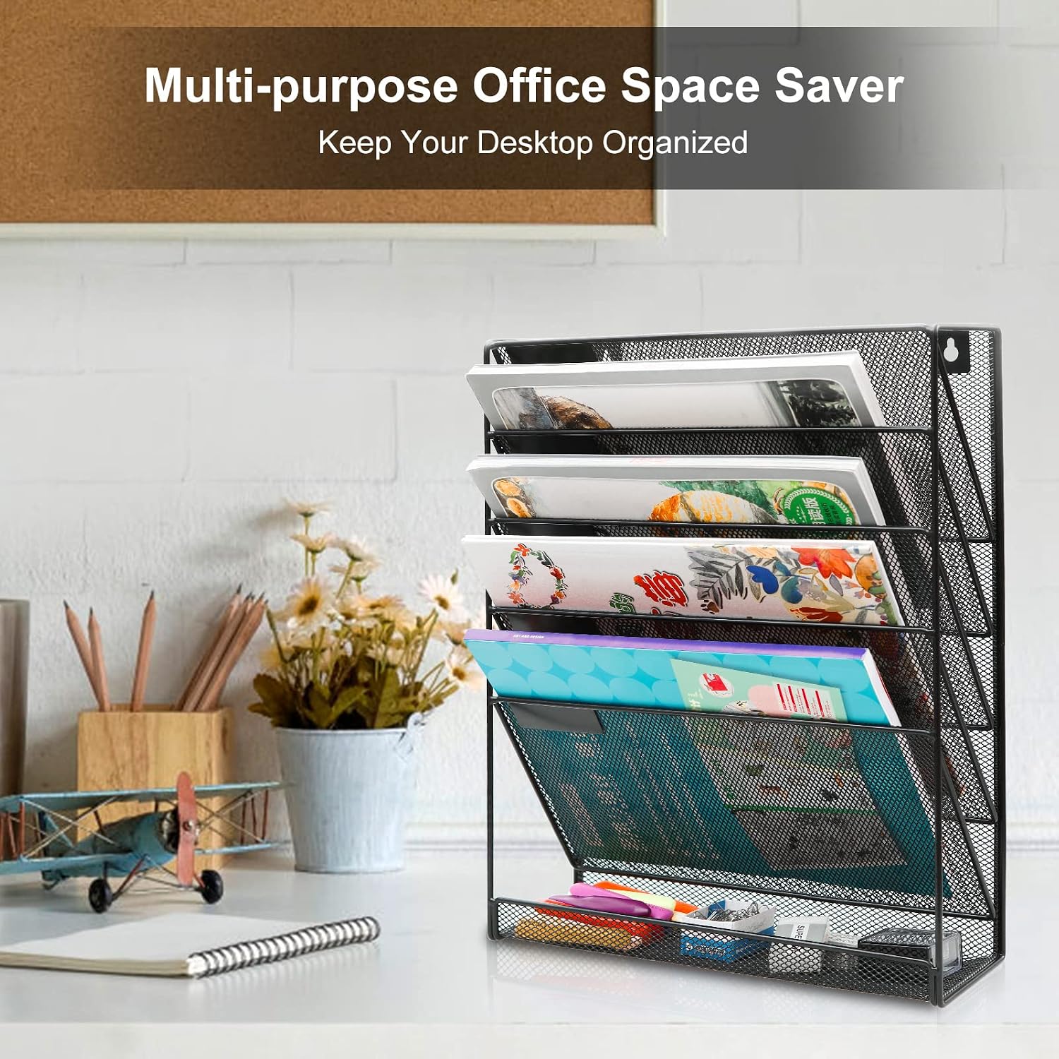 5 Tier Wall File Holder, Mesh Hanging Folder Organizer with Classify Label, Versatile Desk File Holder, Vertical Wall Mounted Mail Organizer for Office Home Cubicle, Black - view 6