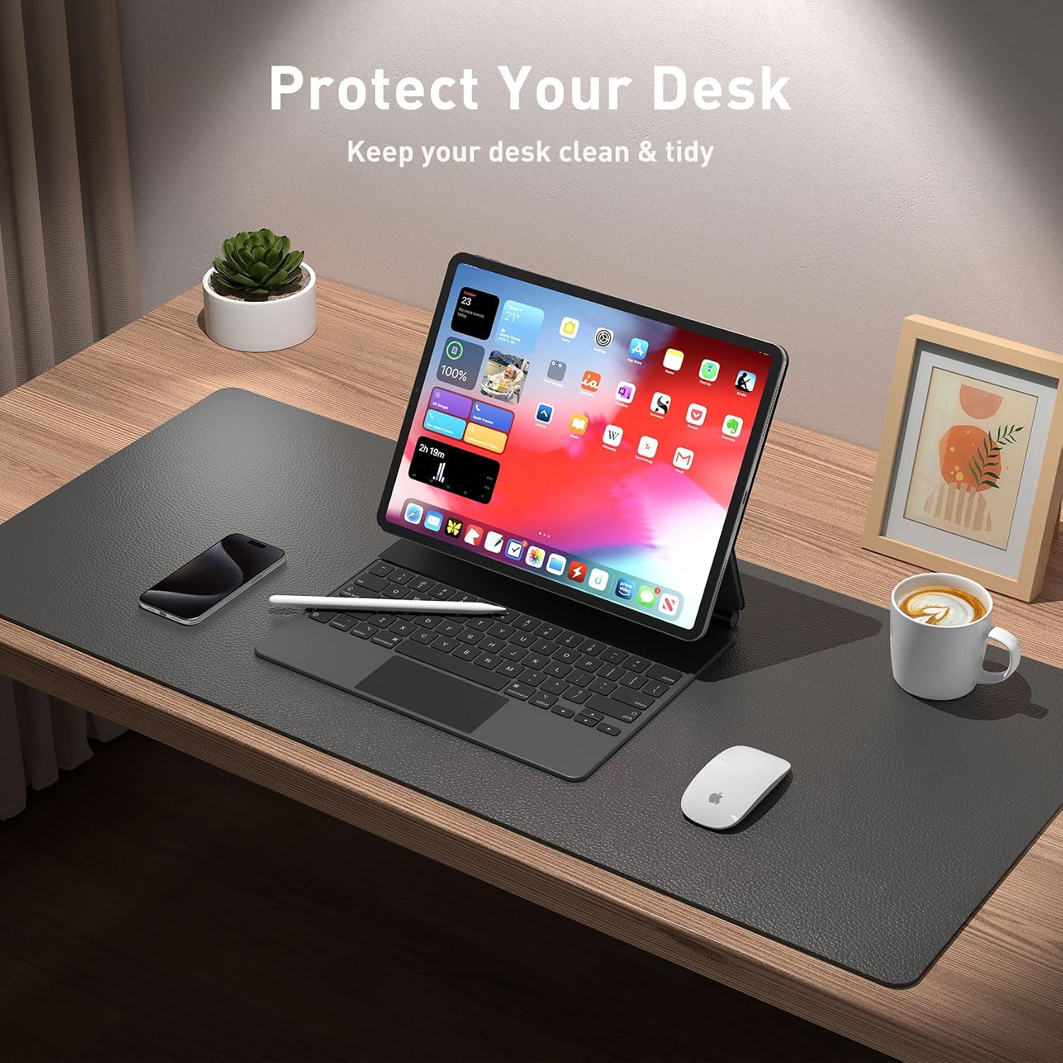 Leather desk pad protector, mouse pad, office desk mat, non-slip PU leather desk blotter, laptop desk pad, waterproof desk writing pad for office and home (gray, 23.6" x 13.7") - view 3