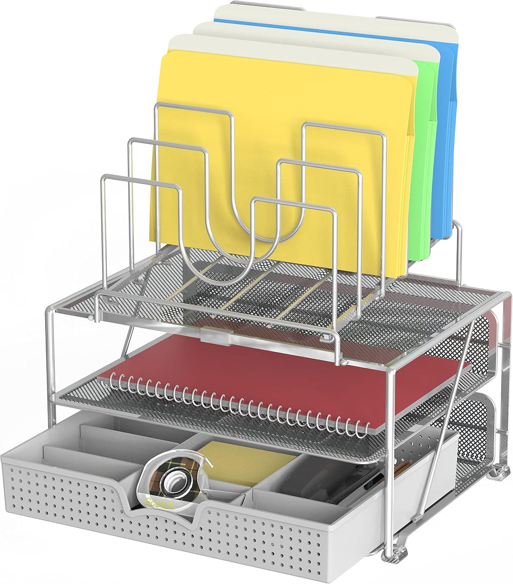 Desktop File Organizer with Double Tray & 5 Folder Stand Gray | Sliding Drawer with Adjustable Dividers