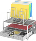 Desktop File Organizer with Double Tray & 5 Folder Stand Gray | Sliding Drawer with Adjustable Dividers