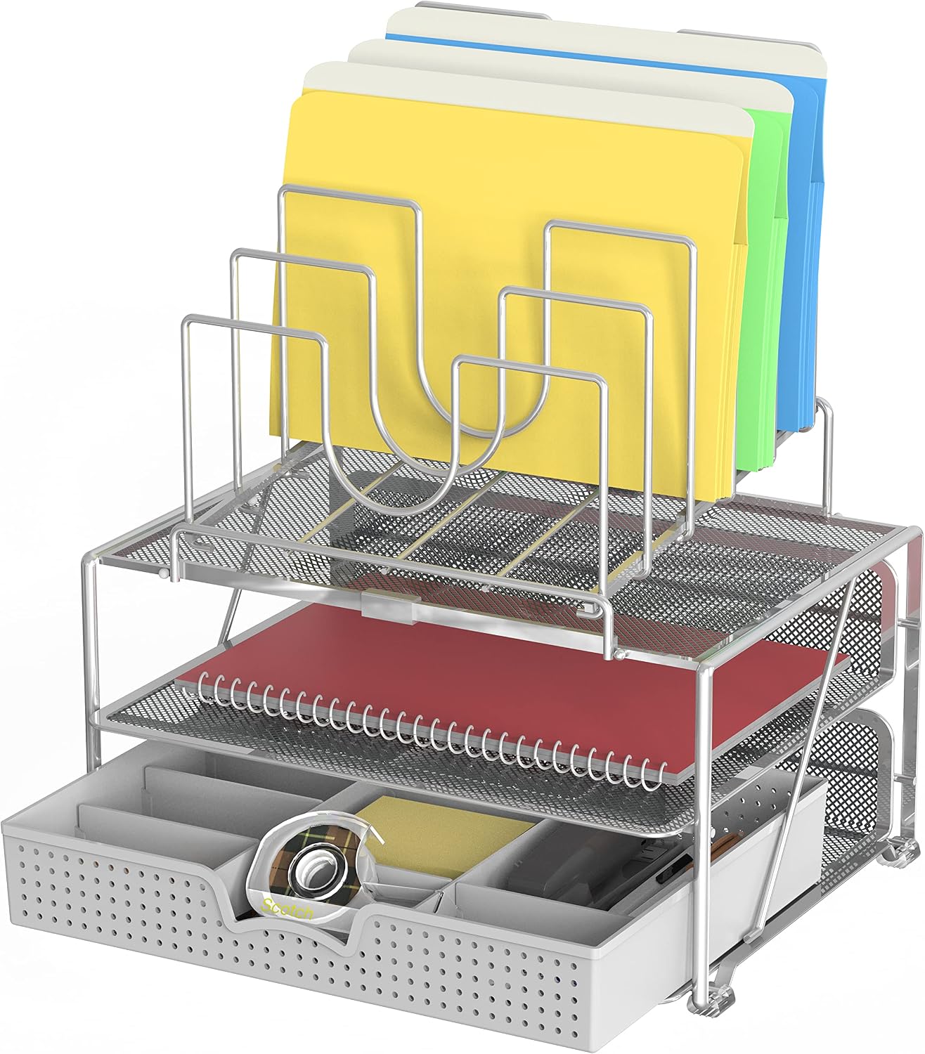 Desktop File Organizer with Double Tray & 5 Folder Stand Gray | Sliding Drawer with Adjustable Dividers