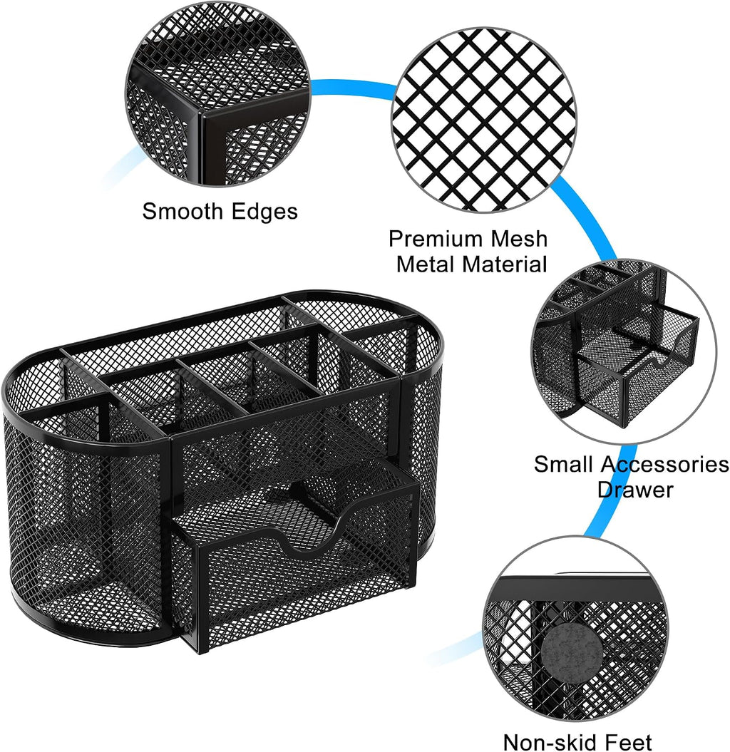 Mesh Pen Holder Desk Organizer with Drawer Stationery Supplies Organizer for Dorm School 9 Compartments Workspace Desk Accessories Organization for Office, Black - view 4