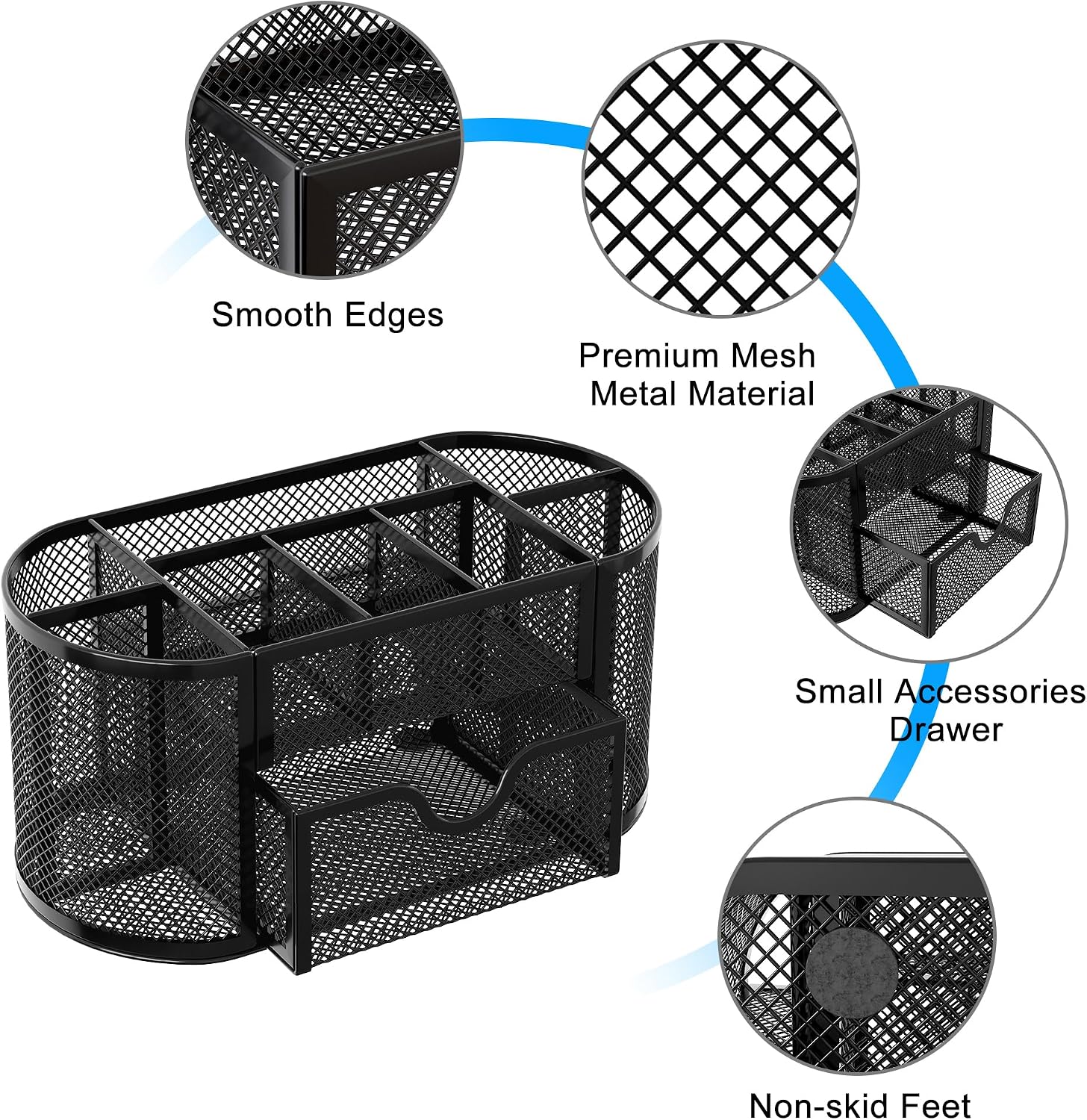 Mesh Pen Holder Desk Organizer with Drawer Stationery Supplies Organizer for Dorm School 9 Compartments Workspace Desk Accessories Organization for Office, Black - view 4