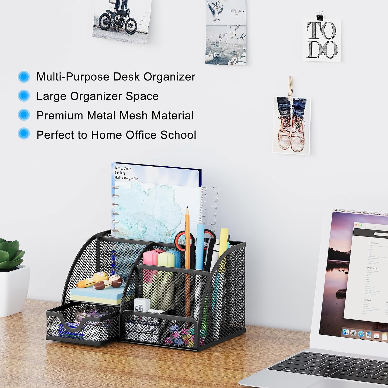 Mesh Desk Organizer with Drawer Multi-functional Pen Holder Stationery Organizer for Office School Supplies 6 Compartments Dorm Organizers and Storage for Desk, Black - view 2
