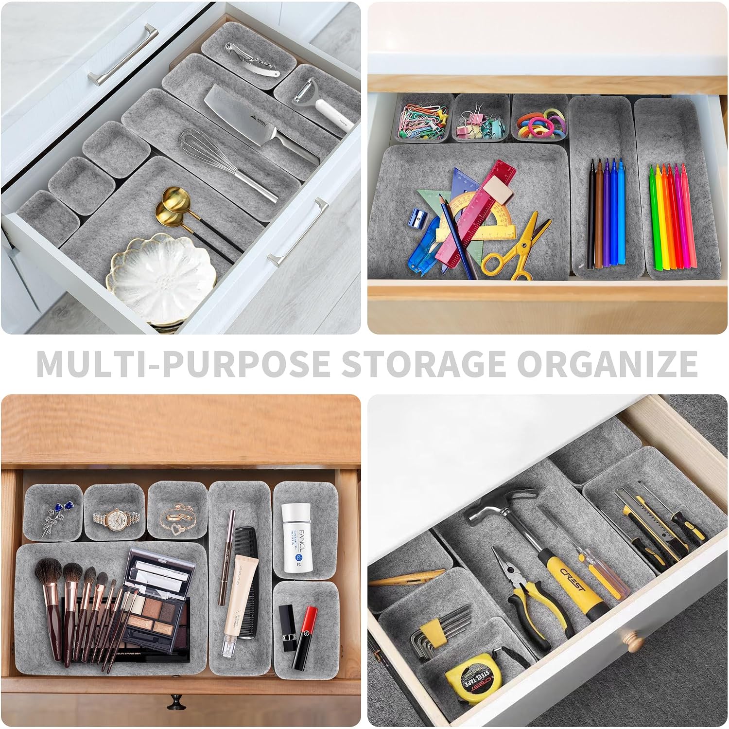 8pcs Drawer Organizers, Separators, Storage Box,Felt Storage Bins Inserts Tool Containers Toy Basket Shelf Cubes Foldable Drawer Dividers Desk Organisers -Grey Matching - view 7