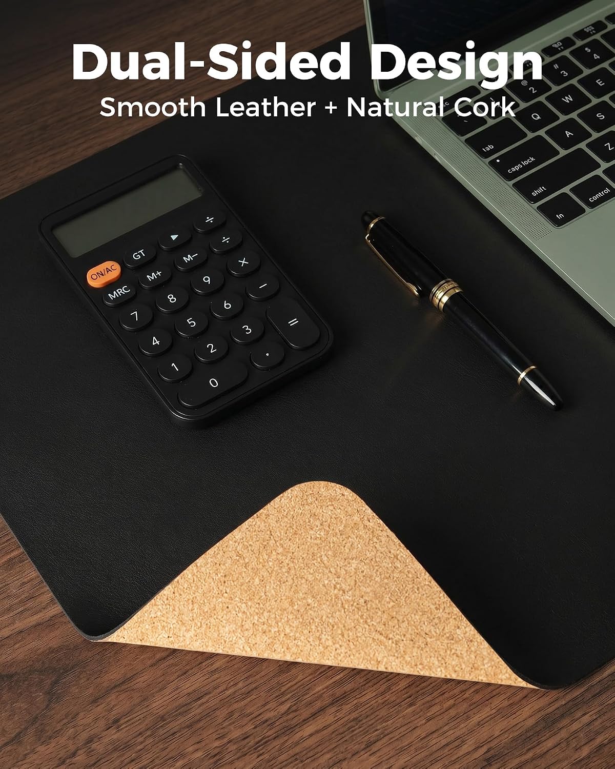 Dual-Sided Desk Pad - 25.6x13.7 inches Leather Desk Mat, Natural Cork Desk Pad Protector, Large Mouse Pad for Desk, Waterproof Desk Blotter Pad, Desk Writing Pad for Office Work/Home, Black - view 2