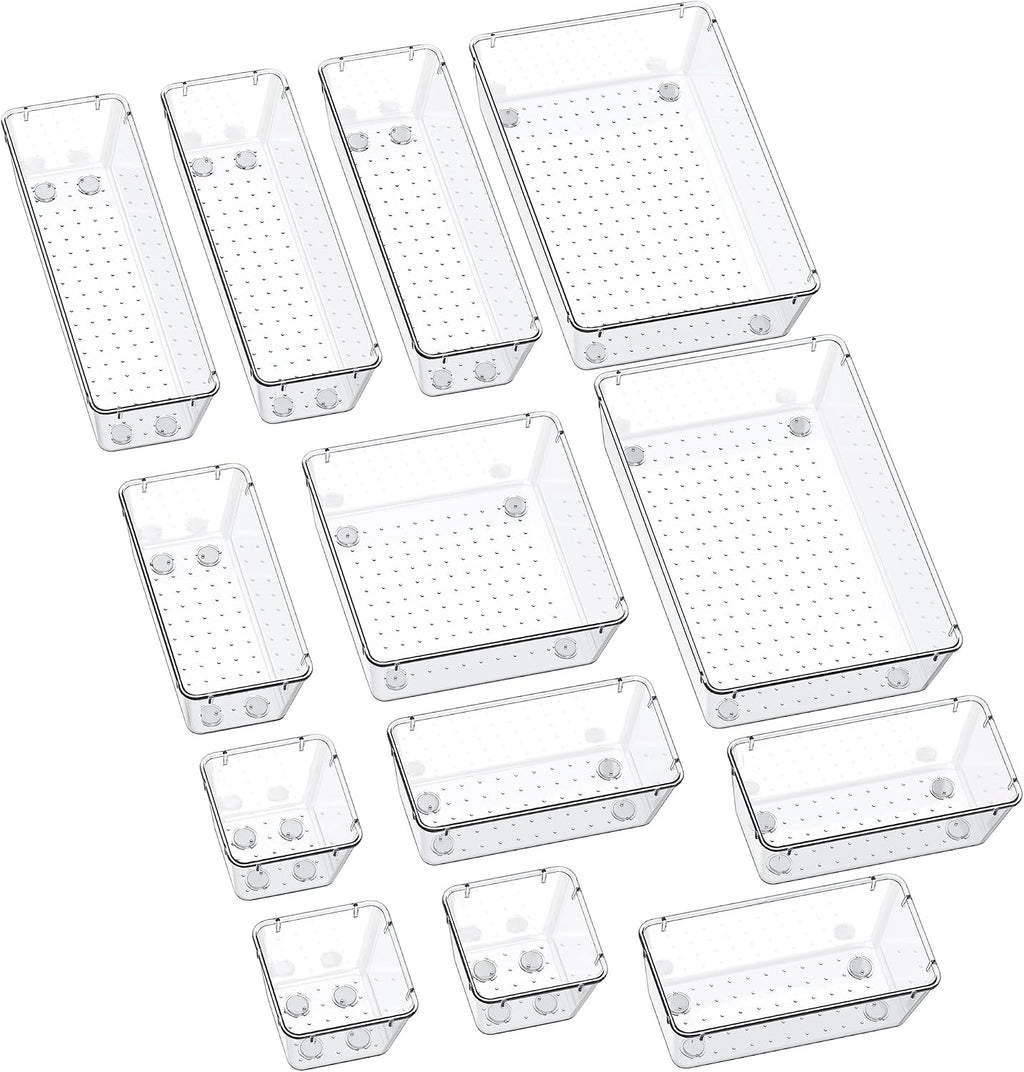 13-Piece Drawer Organizers with Non-Slip Silicone Pads, 5-Size | Clear Desk Bathroom Drawer Organizer Trays Storage Tray for Makeup, Jewelry, Utensils in Bedroom Dresser, Office and Kitchen