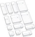 13-Piece Drawer Organizers with Non-Slip Silicone Pads, 5-Size | Clear Desk Bathroom Drawer Organizer Trays Storage Tray for Makeup, Jewelry, Utensils in Bedroom Dresser, Office and Kitchen
