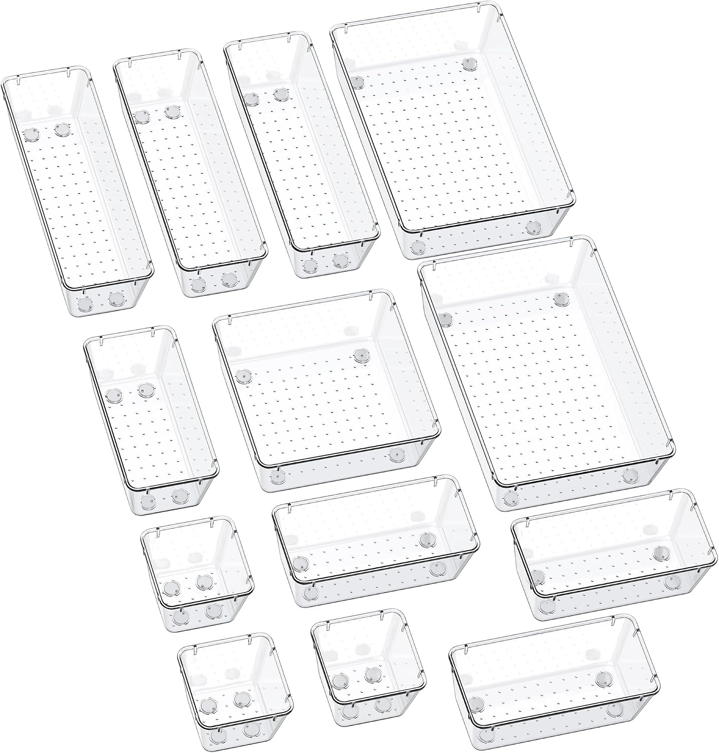 13-Piece Drawer Organizers with Non-Slip Silicone Pads, 5-Size | Clear Desk Bathroom Drawer Organizer Trays Storage Tray for Makeup, Jewelry, Utensils in Bedroom Dresser, Office and Kitchen