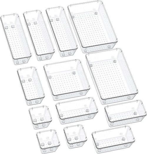 13-Piece Drawer Organizers with Non-Slip Silicone Pads, 5-Size | Clear Desk Bathroom Drawer Organizer Trays Storage Tray for Makeup, Jewelry, Utensils in Bedroom Dresser, Office and Kitchen