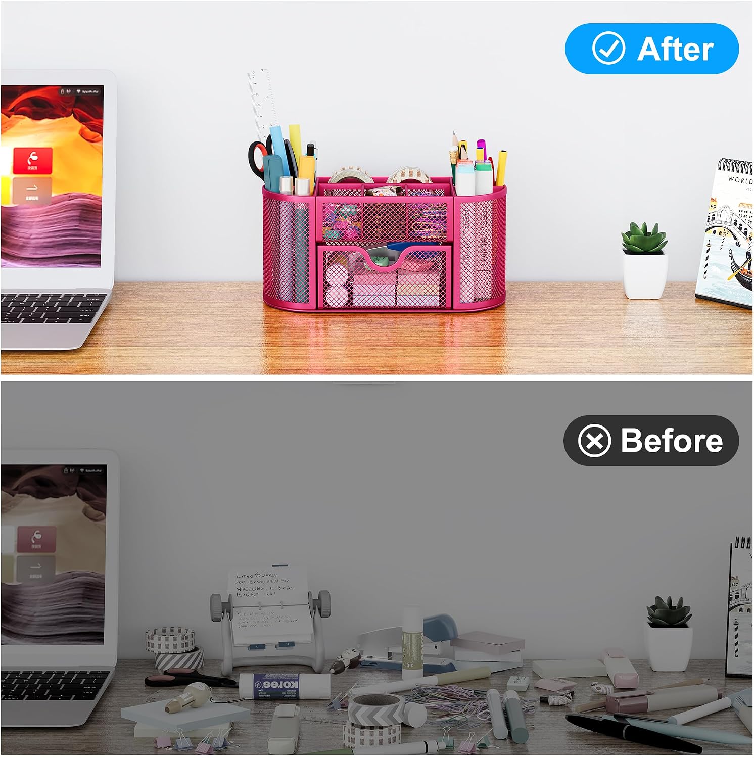 Mesh Pen Holder Desk Organizer with Drawer Stationery Supplies Organizer for Dorm School 9 Compartments Workspace Desk Accessories Organization for Office, Hot Pink - view 5