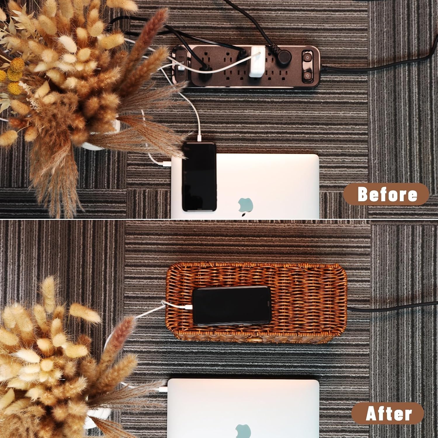 Cable Management Box, Rattan Style Cord Organizer for Desk Cord Hider Outlet Covers for Power Strip TV PC Router Charger Under Desk Storage with Lockable Lid and Cable Ties - view 5