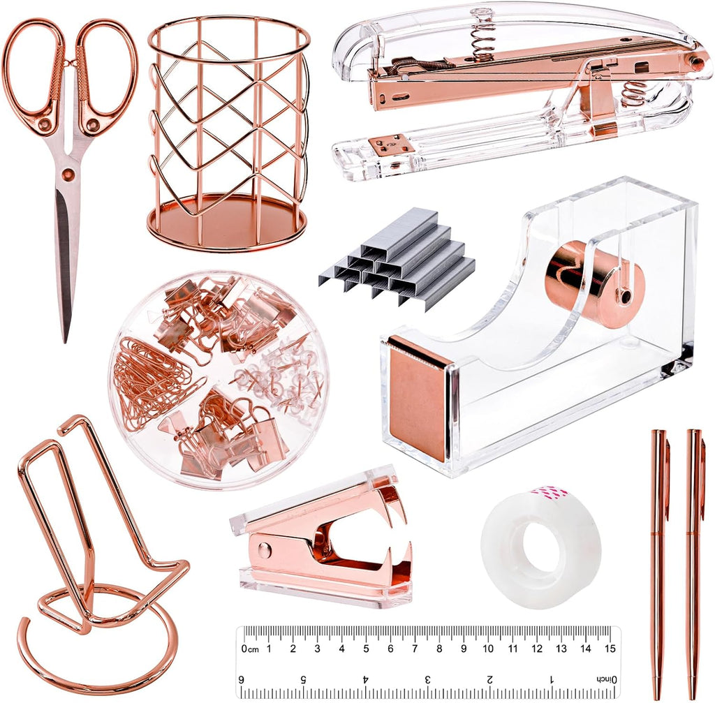 Rose Gold Desk Accessories, Office Supplies and Accessories Set, Acrylic Stapler Set, Staple Remover, Phone Holder, Pen Holder, Scissor, Ruler, Transparent Tape