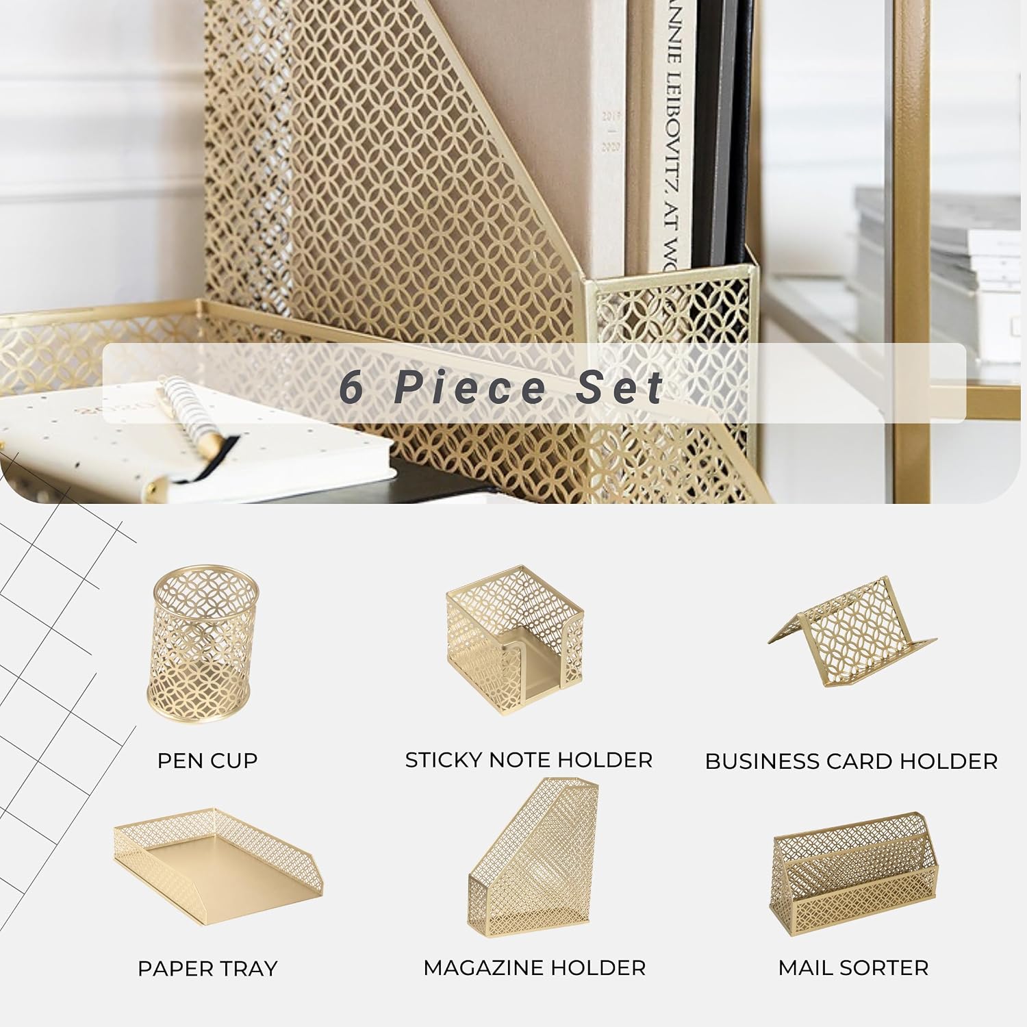 Gold Desk Organizer Set with Mail Sorter, Sticky Note Holder, Pen Cup, Magazine Holder, Letter Tray & Business Card Holder | Stylish Desk Accessories for Women & Home Office Décor - view 2